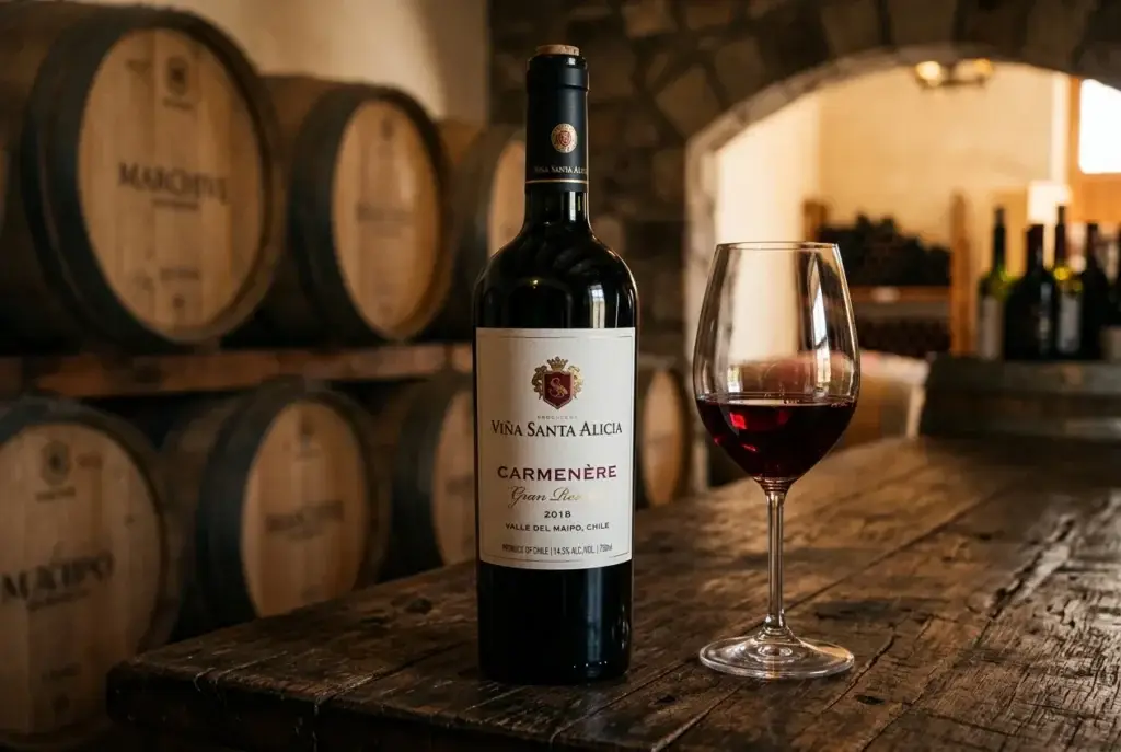 Botella de vino tinto Gran Reserva y copa en una bodega chilena con barricas de roble